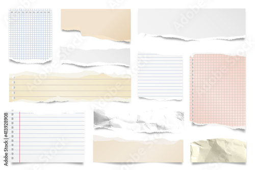 Colorful ripped paper strips isolated on white background. Realistic lined paper scraps with torn edges. Sticky notes, shreds of notebook pages. Vector illustration.