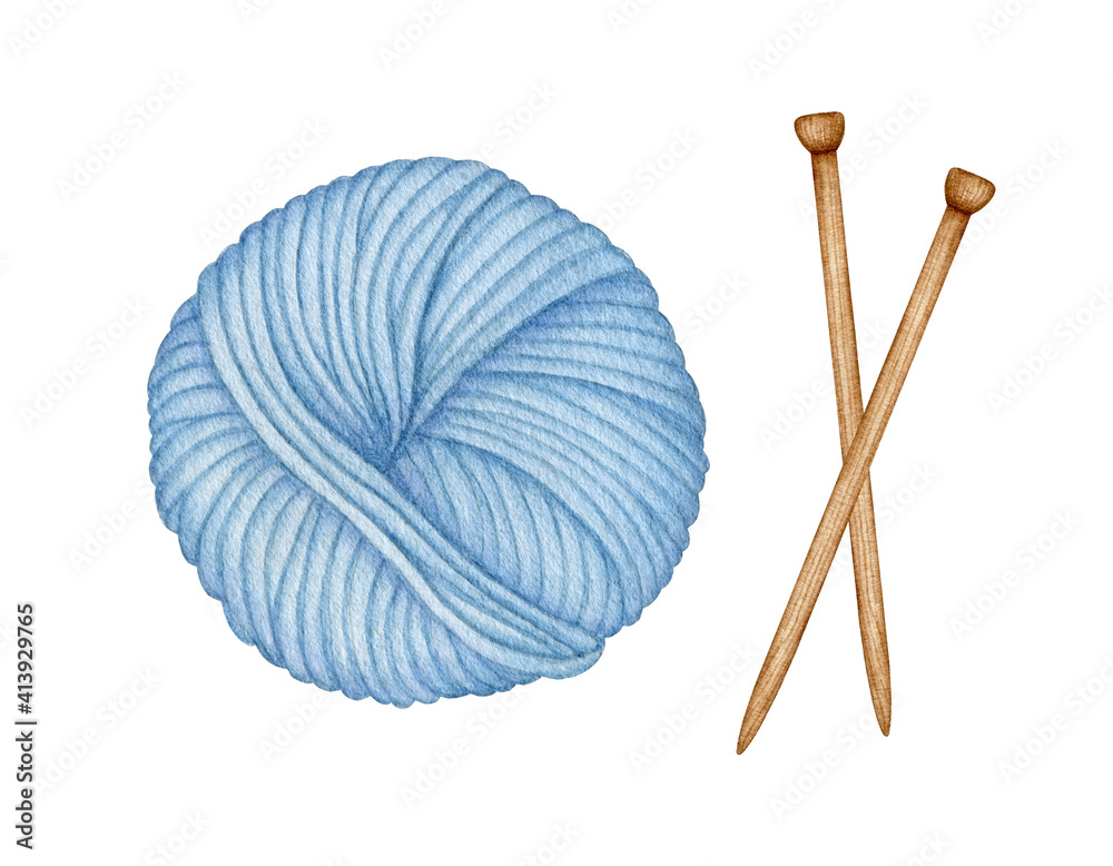 Watercolor Knitting tools. Skein, Blue wool Yarn Ball with wooden needles.  Needlework, knitting, Handmade Hobby. Hand drawn clip art, element isolated  for knitters blog design, logo, pattern, poster Stock Illustration