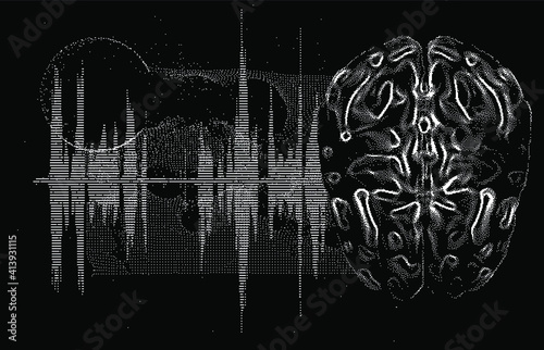 3D vector illustration of brain made of pixels and particles. Concept of neural network, neurology and neuroscience.