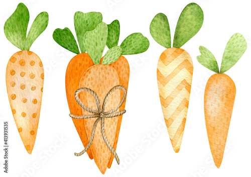 Watercolor illustration of cartoon style orange carrots. Happy Easter hand-painted symbol. Carrots for Easter Bunny.