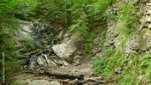 A ravine in the middle of the forest, Quebec, Canada, wide shot panning left photo