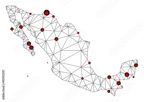 Polygonal mesh lockdown map of Mexico. Abstract mesh lines and locks form map of Mexico. Vector wire frame 2D polygonal line network in black color with red locks.