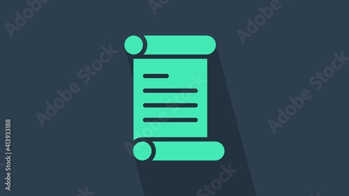Turquoise Decree, paper, parchment, scroll icon icon isolated on blue background. 4K Video motion graphic animation.