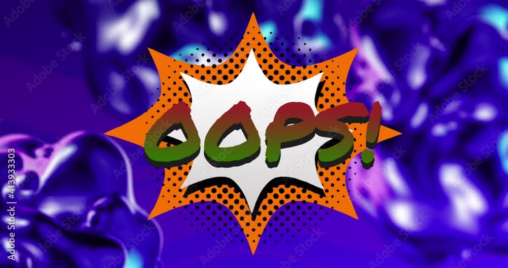 Animation of opps text in red to green letters in retro speech bubble over glowing purple background