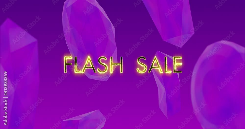 Animation of flash sale text in yellow glowing letters over purple blocks on purple background Animation of flash sale text in yellow glowing letters over purple blocks on purple background