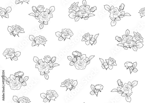 Fototapeta Naklejka Na Ścianę i Meble -  Seamless pattern with roses flowers. Outline vector illustration. In black and white, isolated on white background.