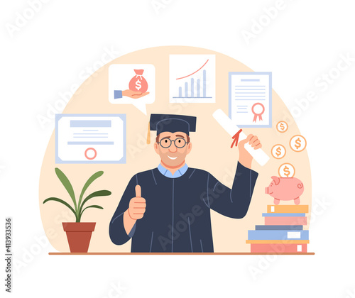 Tuition fees, grant loan concept. Investment in education. Flat graduate with diploma. Scholarship, educational fund, save money for college, university donate. Paid education cost vector illustration
