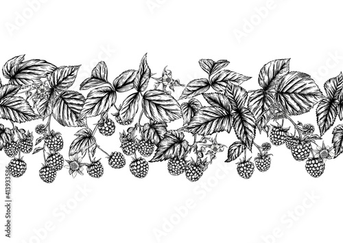 Raspberry or blackberry. Ripe berries on branch. Seamless pattern, background. Graphic drawing, engraving style. Vector illustration on black background.