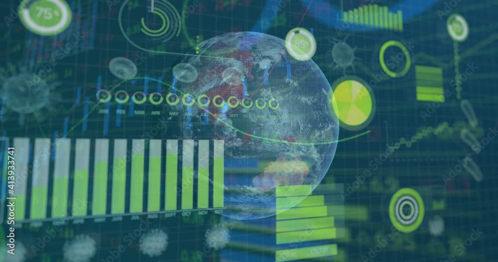 Animation of digital interface showing statistics with globe spinning