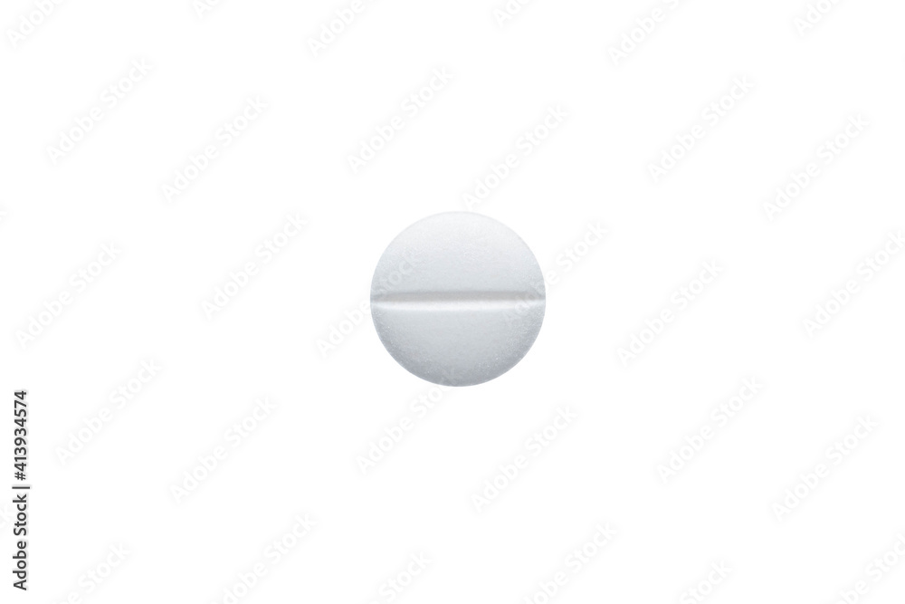 White Pill Isolated on White Background. Macro shoot of single white pill.