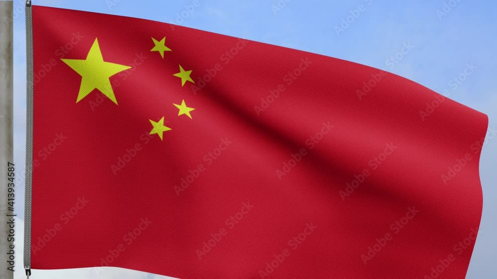 3D illustration Chinese flag waving in wind with blue sky. China banner blowing, soft and smooth silk. Cloth fabric texture ensign background. Use it for national day and country occasions concept-Dan 3D illustration Chinese flag waving in wind with blue sky. China banner blowing, soft and smooth silk. Cloth fabric texture ensign background. Use it for national day and country occasions concept-Dan