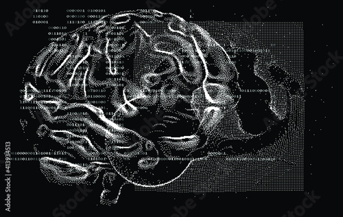 3D vector illustration of brain made of pixels and particles. Concept of neural network, neurology and neuroscience.