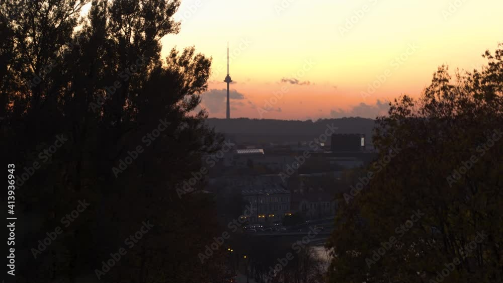 Famous TV tower of Vilnius, Lithuania, with fire sunset. Aerial footage. Famous TV tower of Vilnius, Lithuania, with fire sunset. Aerial footage.