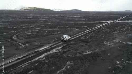 Following 4x4 Car South Iceland Highlands around Maelifell with some Snow