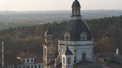 Circling around majestic architecture of Pazaislio in Lithuania. Aerial medium shot. photo