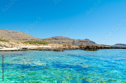 Beautiful rocky beach on the shore of Mediterranean Sea