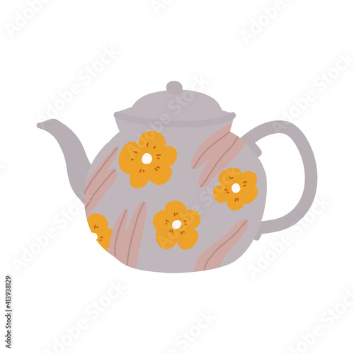 Hand drawn Cute ceramic teapot painted with flowers flat vector illustration
