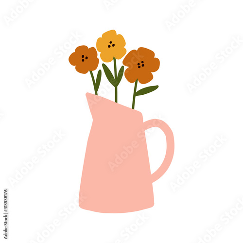 Wild flowers in Pink teapot. Cute teapot with bouquet of flowers. Spring flowers.Perfect for greetings, cards, sticker label, posters, congratulations, tea shop or store and more.