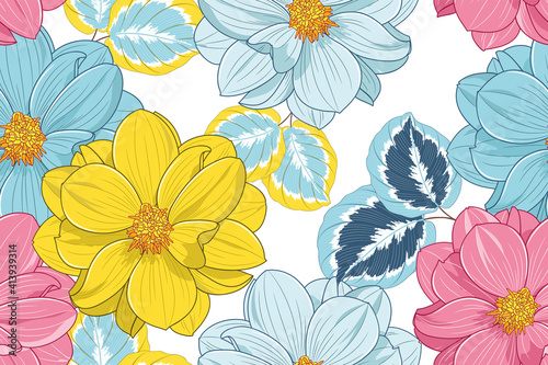 Seamless pattern with dahlia flowers and calathea leaves