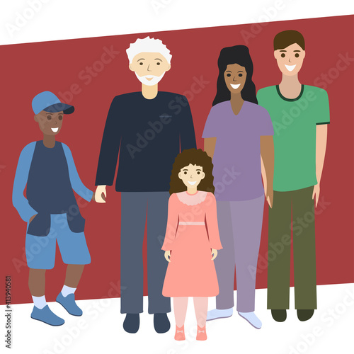 Multi-generation family portrait. Parents, son, daughter and grandfather. Multi-ethnic family concept. Isolated vector illustration on a white background.