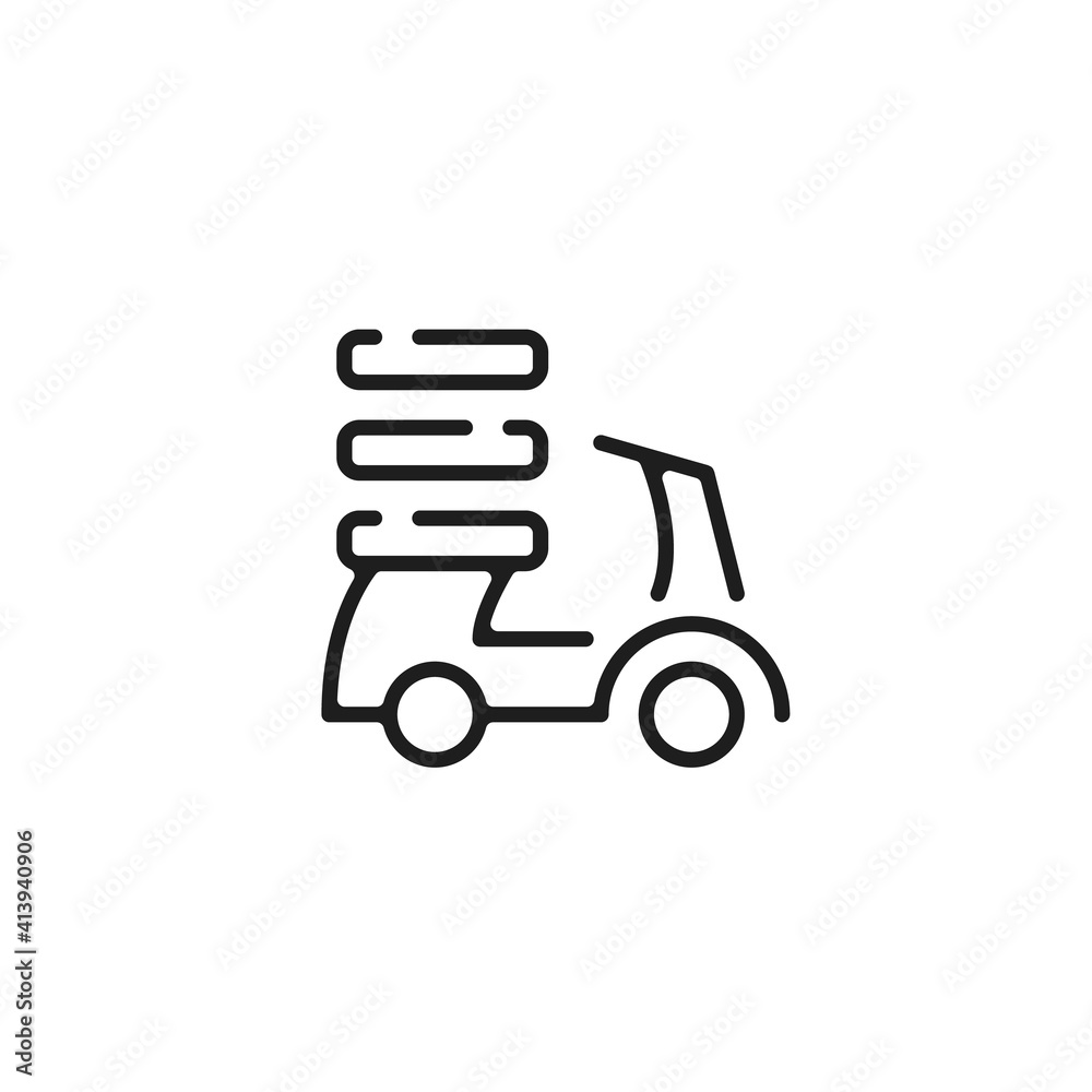 Food delivery scooter icon. Pizza delivery, Bike, motorbike, moped, motorcycle and pizza boxes. Vector line icon Food delivery scooter icon. Pizza delivery, Bike, motorbike, moped, motorcycle and pizza boxes. Vector line icon