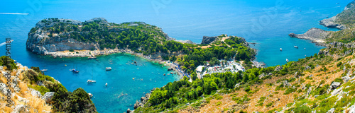 Aerial panoramic landscape of Anthony Quinn Bay in Rhodes island