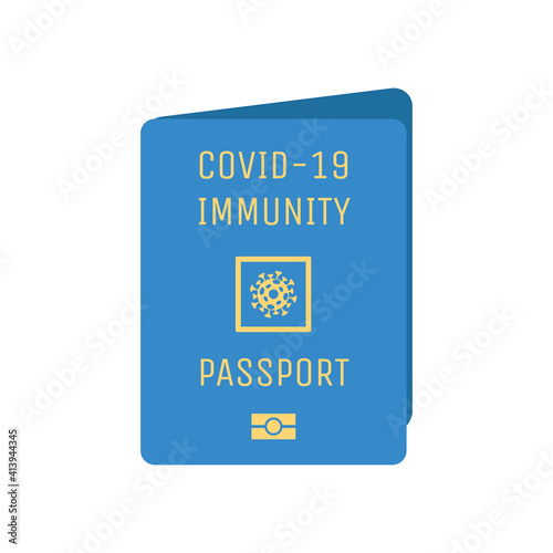 Blue Covid-19 immunity passport cover vector flat template with sign of Coronavirus cell. Passport with mark of immunity and vaccination for safe travel after pandemic of Coronavirus.