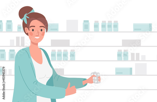 Happy smiling woman in lab coat holding white pills in blister pack vector flat illustration. Seller on drug store advertising new tablets against disease. Pharmacy saleswoman concept.