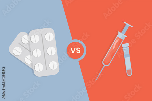 Oral pills versus vaccine in syringe vector flat illustration. White tablets in blister pack against red liquid in syringe and test tube. Drugs, painkillers, antibiotics against illness and viruses.