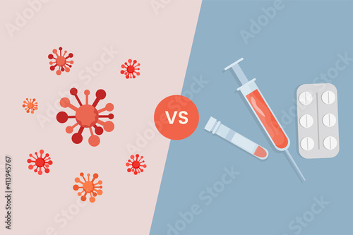Oral vaccine and syringe against Coronavirus molecule vector flat illustration. White tablets, pills in blister pack and syringe with red vaccine against red Covid-19 cells.