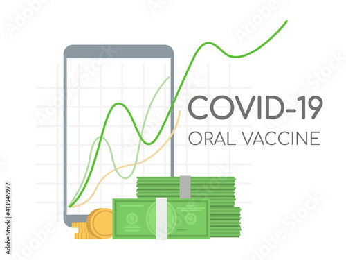 Covid-19 oral vaccine stocks going up vector flat illustration. Incomes from medicines selling going up on graph chart, golden coins and cash. Development and sell of vaccine against Coronavirus.