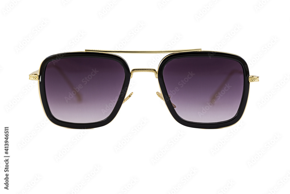 Square aviator sunglasses with round bottom, black gradient lenses and thin golden wrap around frames isolated on white background. Front view.