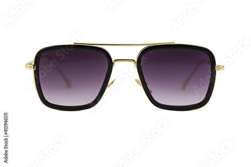 Photographie Square aviator sunglasses with round bottom, black gradient lenses and thin golden wrap around frames isolated on white background