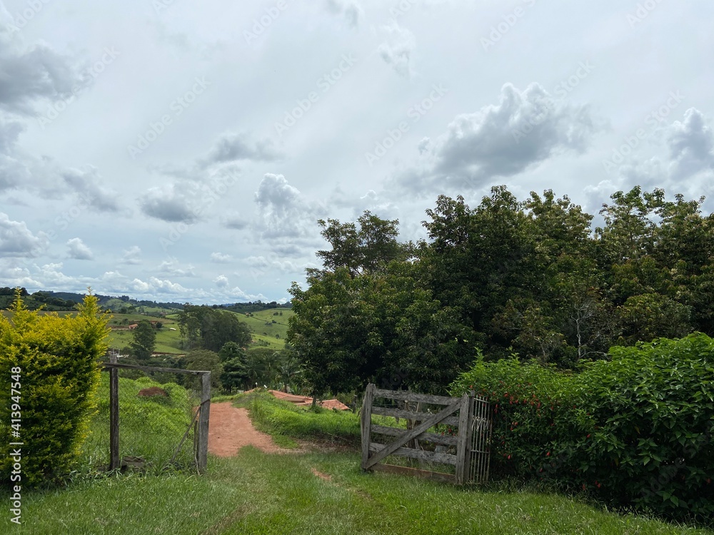 Fototapeta premium landscape with fence and blue sky