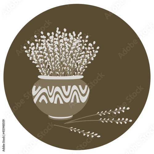 Pussy willow branches in old clay pot. Easter decoration. Spring bouquet. Isolated vector illustration.