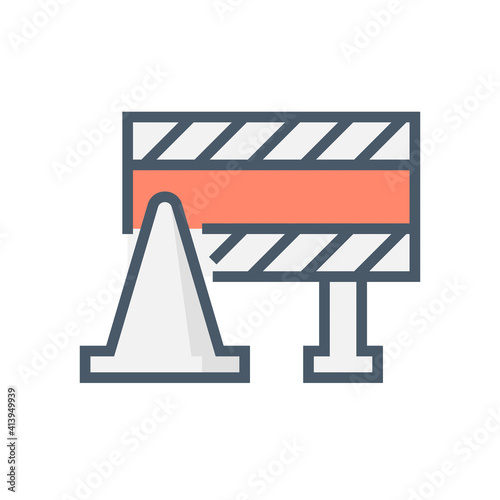 Traffic barricade and traffic cone or pylon vector icon. That warning sign or caution to stop, control or block passage of traffic direction from repair, improvement or construction area. 64x64 pixel.