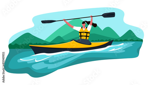 Vector cartoon illustration woman who won kayak competition. She lifted paddle up. Concept water sports, kayaking, activity, rafting, canoe.