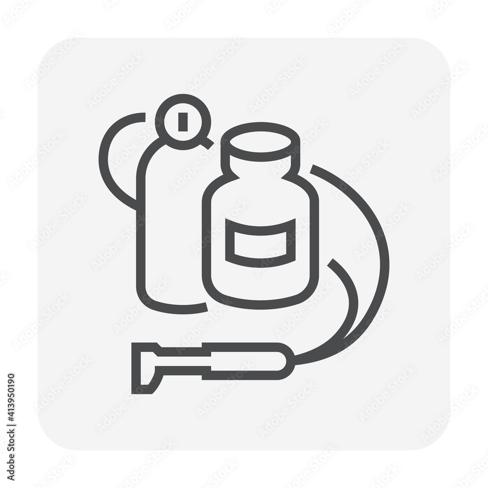 Oxy-fuel welding and cutting tool vector icon. Consist of gas tank, blow torch or blowpipe. For cut and weld metal by combustion of oxygen and acetylene in metal working, construction. 64x64 pixel. Oxy-fuel welding and cutting tool vector icon. Consist of gas tank, blow torch or blowpipe. For cut and weld metal by combustion of oxygen and acetylene in metal working, construction. 64x64 pixel.