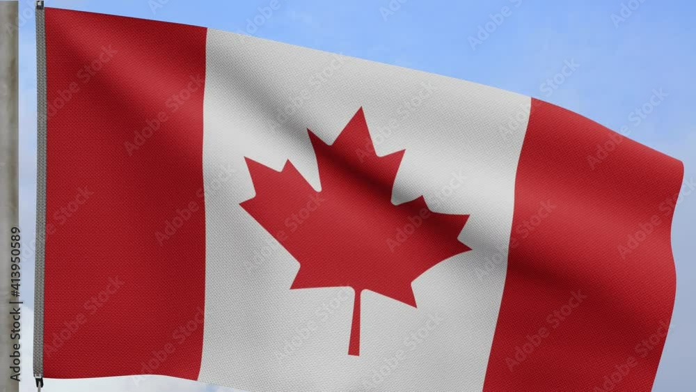 3D illustration Canadian flag waving in wind with blue sky. Canada banner blowing, soft and smooth silk. Cloth fabric texture ensign background. Use for national day and country occasions concept-Dan