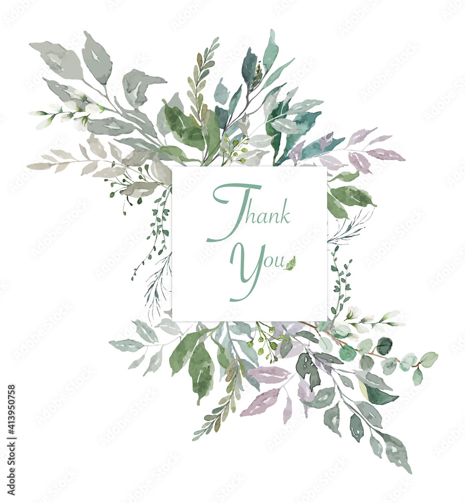 Watercolor of green leaves with thank you word in square space frame