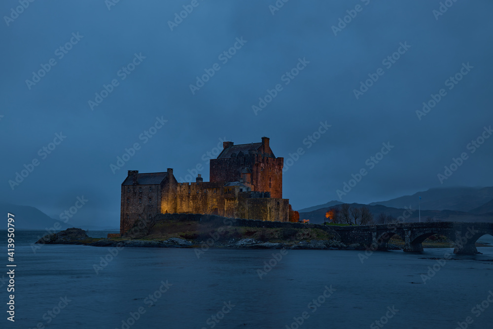 Eilean Donan Castle, Scotland, Uk, Highlands. Image after a storm at blue hour