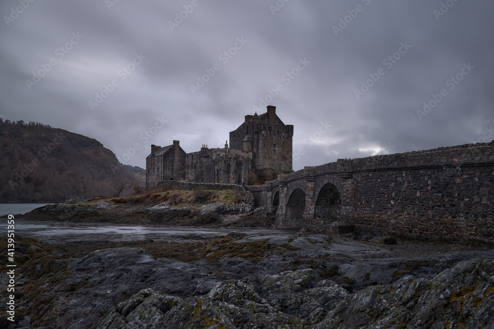 Eilean Donan Castle, Scotland, Uk, Highlands. Image after a storm when the clouds opened.