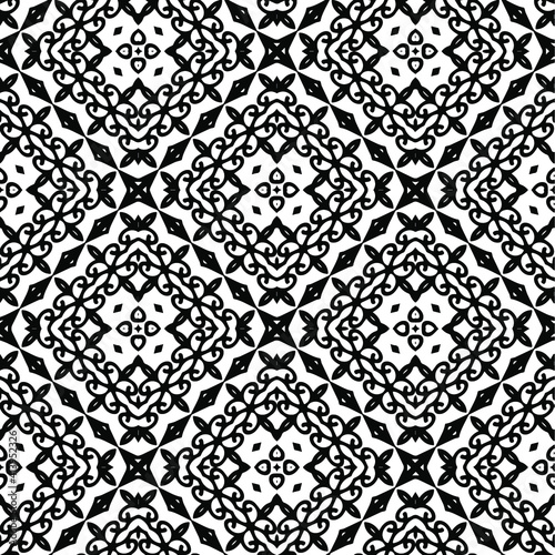  Geometric vector pattern with triangular elements. Seamless abstract ornament for wallpapers and backgrounds. Black and white colors.
