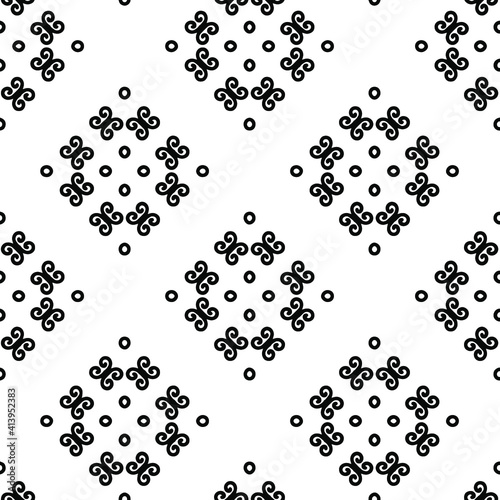  Geometric vector pattern with triangular elements. Seamless abstract ornament for wallpapers and backgrounds. Black and white colors.