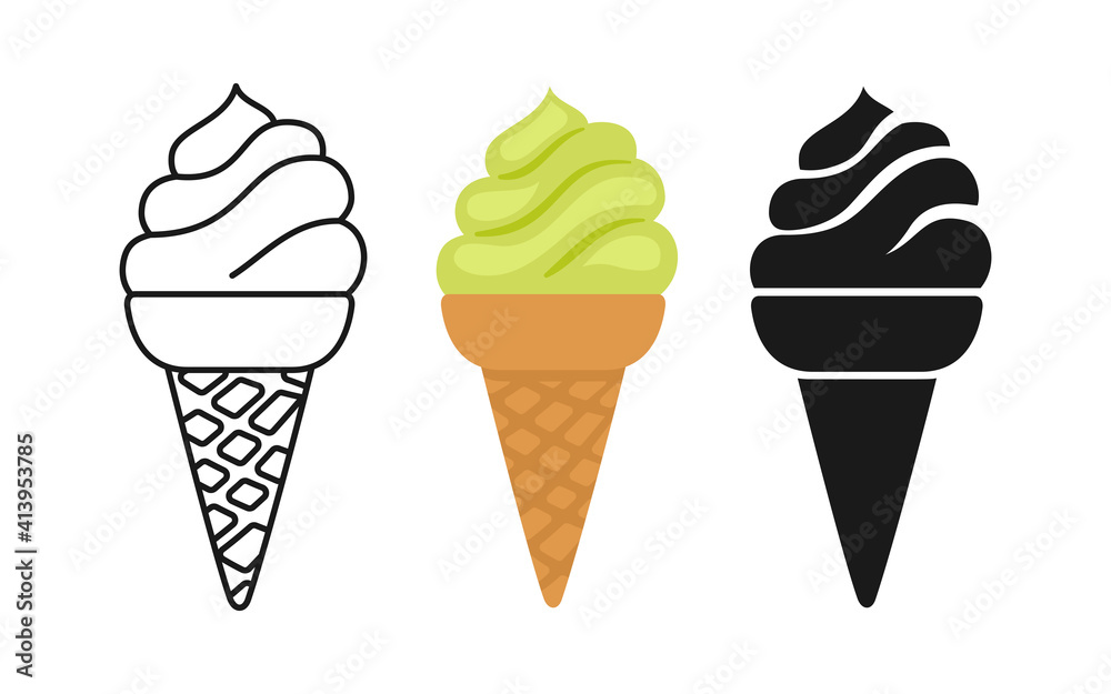 Ice Cream green horn with pistachio cartoon set, line icon and black glyph style. Kawaii summer collection fast food. Comic hand drawn sketch cute cone Ice cream. Isolated dessert vector illustration Ice Cream green horn with pistachio cartoon set, line icon and black glyph style. Kawaii summer collection fast food. Comic hand drawn sketch cute cone Ice cream. Isolated dessert vector illustration