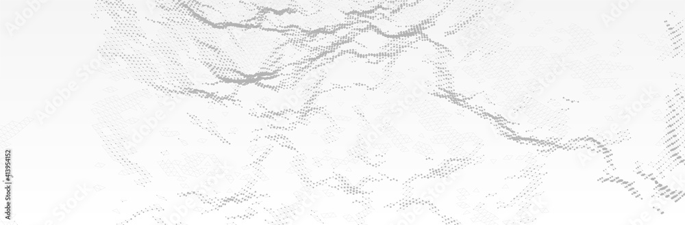 White Gray background. 3d dotted surface. Futuristic landscape. Technology presentation backdrop. Vector illustration