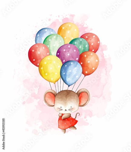 Watercolor mouse with balloons vector