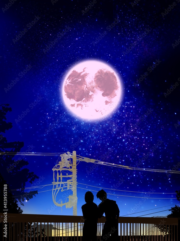 Naklejka premium Silhouette of lovers in the night landscape 