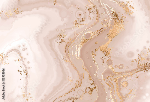 Aesthetic liquid marble painting background with gold glitter dust.