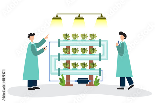 Vector illustration Scientists viewing and hydroponic plants to research hydroponics indoors. In the future can do home gardening Everyone can easily become agricultural